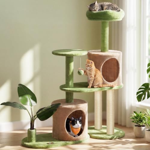 Feandrea Cat Tree, 42.9-Inch Multi-Level Plush Cat Tower, Artificial Leaves
