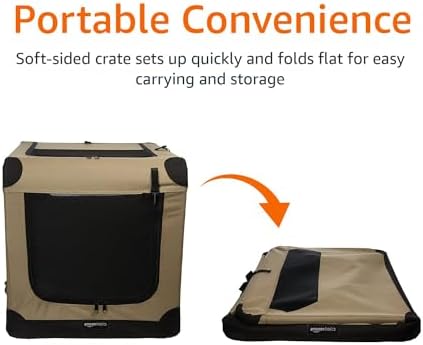 Amazon Basics Portable Folding Soft Dog Crate, Double Door, Collapsible Travel Kennel, Easy to Assemble, Medium, 29.92" x 21.3" x 21.3", Tan