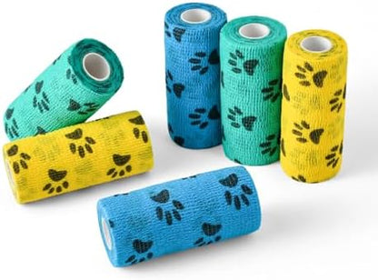WePet Pet Wrap, Self-Adhesive, Only Sticks to Itself, Non-Woven Tape for Dog Legs, Paws, Wounds, First Aid Cohesive Gauze for Horse, Cat, Bird, Animal, 6 Rolls, 4 Inch, Pawprints A