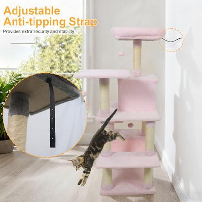 DORTALA Cat Tree for Indoor Cats, 58" Tall Cat Tower with Top Perch, Condo, Hammock, Sisal Scratching Posts, 3 Dangling Balls, Platforms, Multi-Level Pet Climbing Furniture Playground (Pink)