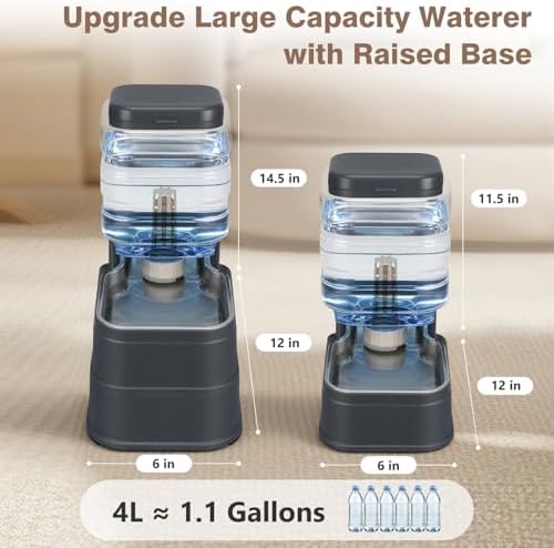 1.1 Gallon Pet Automatic Dog Water Dispenser Cat Gravity Waterer Feeder with Stainless Steel Bowl 8L Large Capacity Puppy Feeding Raised Bowls with Filter,Ice Pack (Charcoal Gray, 4L(1.1 Gallon))