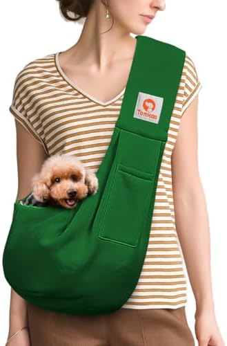Tomkas Small Dog Cat Sling Carrier Puppy Purse Travel Wrap Soft Crossbody Pet Bag (Emerald Green, M - Classic Pocket & Classic Strap)