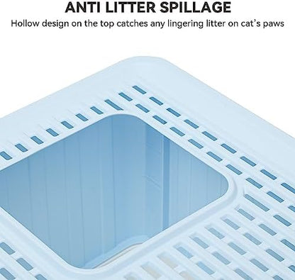 YITAHOME Large Enclosed Cat Litter Box w/Mat Scoop Blue Litter Box with Lid