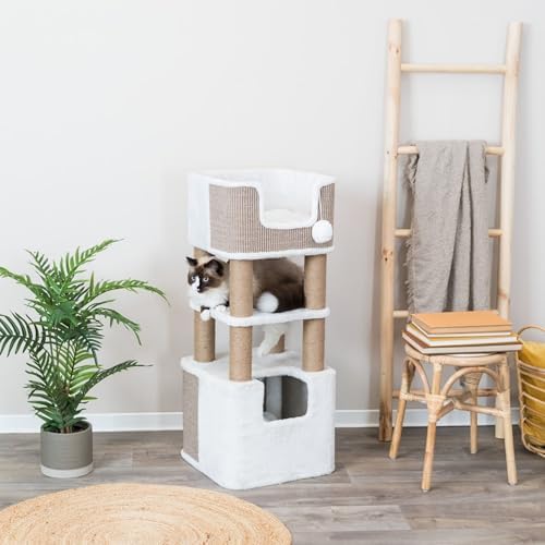 Trixie Lucano 39.8-in Cat Tree, Indoor Cat Furniture with Jute Scratching Posts, Sisal and Plush Covered Condo, Dangling Interactive Toys, Taupe