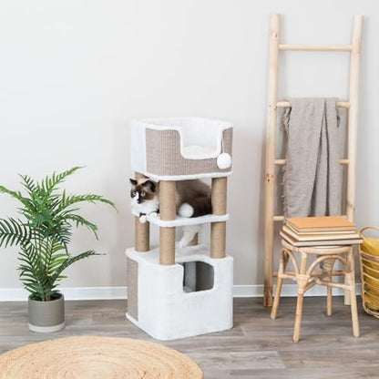 Trixie Lucano 39.8-in Cat Tree, Indoor Cat Furniture with Jute Scratching Posts, Sisal and Plush Covered Condo, Dangling Interactive Toys, Taupe