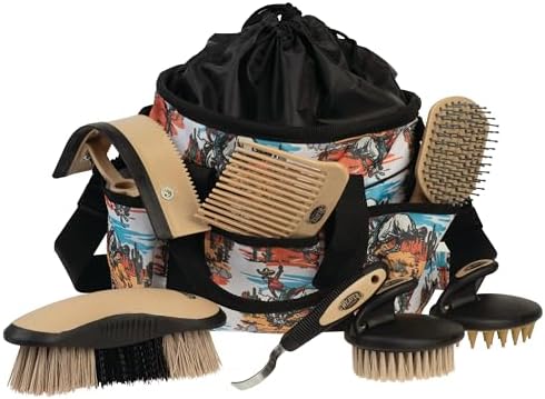 Weaver Equine Horse Grooming Kit, 7-Piece Horse Brush Set with Organizer Tote Bag, Hoof Pick, Comb, Sweat Scraper, Equine Tools for Daily Grooming, Bucking Bronc