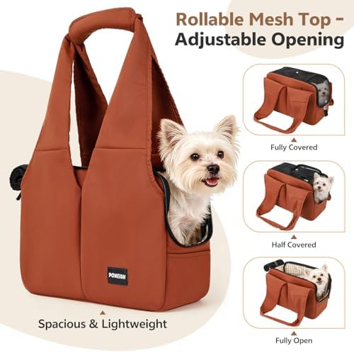 Dog Purse Carrier for Small Dogs and Cats, Soft-Sided Pet Tote Bag with 6 Large Pockets, Collapsible Travel Puppy Carrier with Small Cushion, Fits Pets up to 6 lbs (Caramel, 13.6" L x 6.6" W x 10" H)
