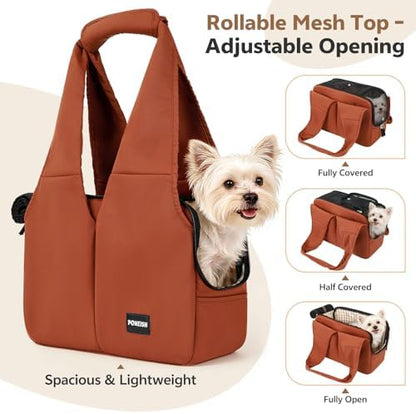 Dog Purse Carrier for Small Dogs and Cats, Soft-Sided Pet Tote Bag with 6 Large Pockets, Collapsible Travel Puppy Carrier with Small Cushion, Fits Pets up to 6 lbs (Caramel, 13.6" L x 6.6" W x 10" H)