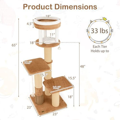 PETSITE 65 Inch Tall Cat Tree, Multi-Level Cat Tower with Scratching Posts, Soft Faux Rabbit Fur Padded Perches, Removable Cushion, Sisal Rope, and Dangling Ball, Modern Cat Tree Tower for Indoor Cats