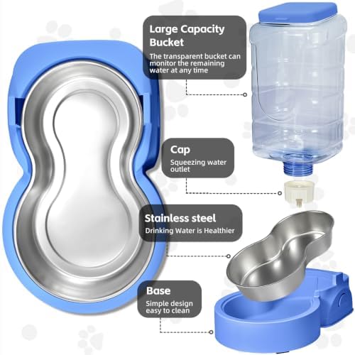 HWONMTE Portable Automatic Cat Feeder and Water Dispenser with Stainless Steel Bowl Dog Gravity Food Feeder and Waterer for Small Medium Pets Puppy Kitten 1 Gallon x 2 (Sapphire Blue)