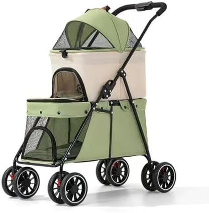YYW Double Pet Stroller Foldable 2 Carriages Lockable Wheels Green Beige