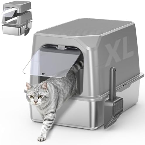 XL Stainless Steel Litter Box with Lid, Enclosed Cat Litter Box,Front Entry
