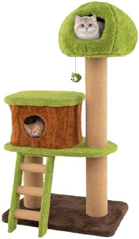 PETSITE 56-inch Forest-Themed Cat Tree, Multi-Level Cat Tower with 2 Cute Condos, Climbing Ladder, Teasing Ball, Sisal Posts, and Removable Cushion, Modern Cute Cat Tree for Indoor Cats