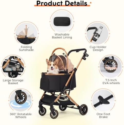 Dog Stroller for Small and Medium Dogs, 40lbs Capacity Pet Stroller with Detachable Carrier, One-Hand Fold, Breathable Mesh & Sun/Rain Canopy, Khaki