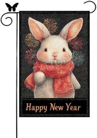 Happy New Year Garden Flag 12x18 Double Sided Vertical Linen Small Fireworks Rabbit House Flag Welcome Holiday Winter House Outdoor Outside Decorations (27179)