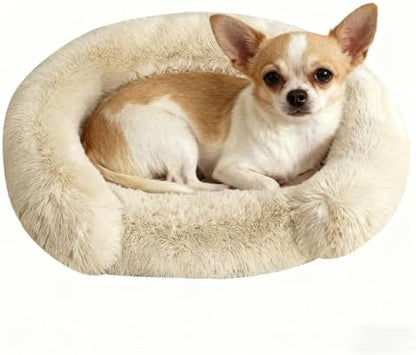 Calming Dog & Cat Beds with Orthopedic Egg-Crate Foam Raised Rim, Soft Fluffy Faux Fur Pet Bed for Small Medium Dogs, Anxiety Relief Spine Support, Machine Washable Cover (Round, Beige 20")