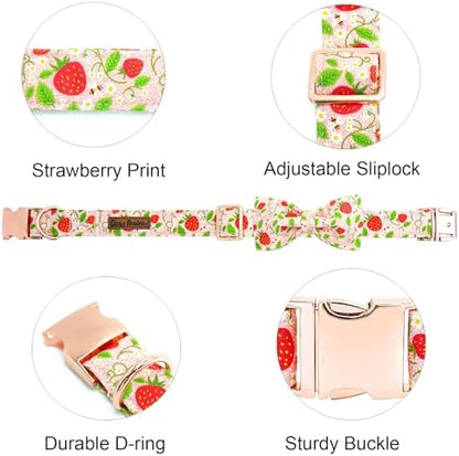 Dog Collar-Strawberry Print Adjustable Cute Pet Collar Soft Pink Dog Collars with Bow Tie Durable Cotton Metal Buckle Puppy Collar Gift for Small Dogs