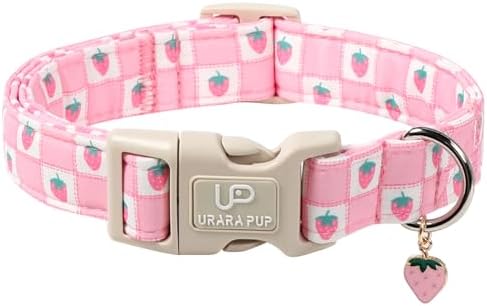 Spring Dog Collar, UP URARA PUP Strawberry Collars in Pink Checkered Adjustable Pet Collar with Quick Release, Daily Dog Accessories for Small Medium Large Dogs