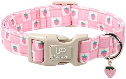 Spring Dog Collar, UP URARA PUP Strawberry Collars in Pink Checkered Adjustable Pet Collar with Quick Release, Daily Dog Accessories for Small Medium Large Dogs