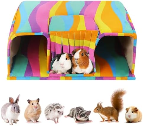 Guinea Pig Hideout with Tunnels, Toys & Cozy House - Soft Large Bed for Small Pets - Rainbow