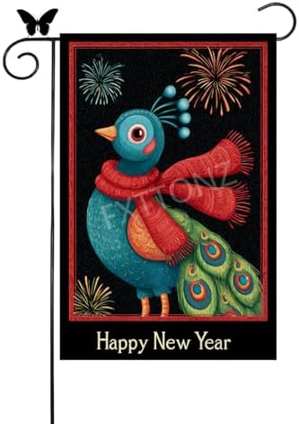 Happy New Year Garden Flag 12x18 Double Sided Vertical Linen Small Fireworks Peacock House Flag Welcome Holiday Winter House Outdoor Outside Decorations (27185)
