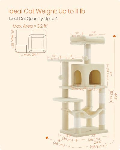 Feandrea Cat Tree, 44.1-Inch Cat Tower, Multi-Level Condo, Beige