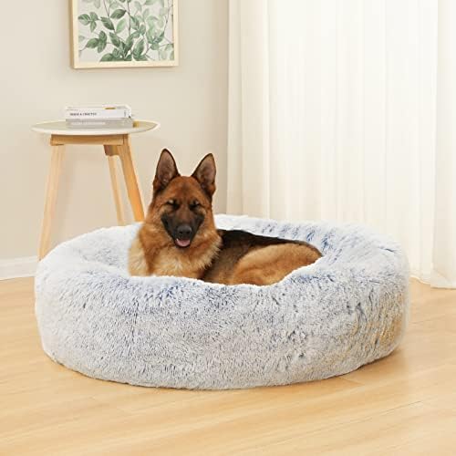 Bedfolks Calming Fluffy Donut Dog Bed for X-Large Dogs,Light Blue,45" Round
