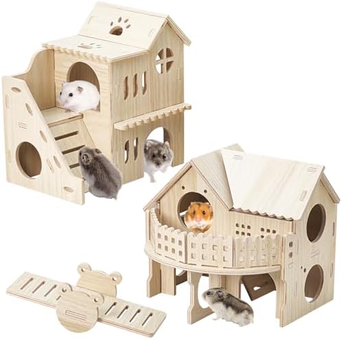 BNOSDM Wooden Hamster Hideout House Gerbil Toy with Balcony & Seesaw