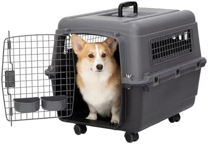 SportPet Airline Compliant MEDIUM 26.5" Travel Dog Kennel-Durable Plastic Airline Pet Carrier w/ Removable Wheels & Food Bowls, Collapsible Indoor/Outdoor Dog Kennel, Dogs up to 23"L & 15"H-Dark Gray
