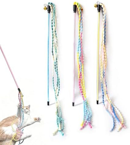 Cat Wands for Indoor, 3 PCS Vibrant Teasing Stick with Bell Interactive Cat Toys Cute Kitten Wand Safe Kitty Toy