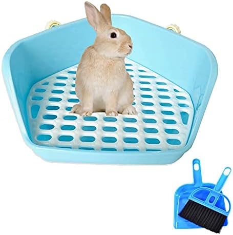 kathson Rabbit Litter Box Pet Toilet Cage Box Potty Trainer Corner with Small Animal Cage Cleaner Broom Brush Dustpan for Bunny Chinchilla Guinea Pig Ferret(Blue)