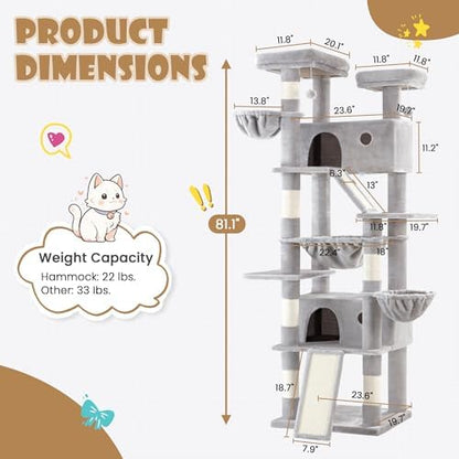 SHA CERLIN 81in Multi-Level Tall Cat Tree Tower for Indoor Kitties/Larger Cat Condo Furniture with Hammock/Cozy Pussycat Perches/Sisal Scratching Posts/Pet House/Wide Base/Grey
