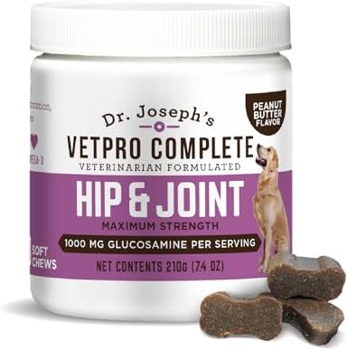 Dr. Joseph's VetPro Complete Dog Hip & Joint Supplement for Arthritis Pain Relief – High-Strength Glucosamine & Chondroitin Chews for Senior Dogs – Vet Formulated, Peanut Butter Flavor, 60 Ct