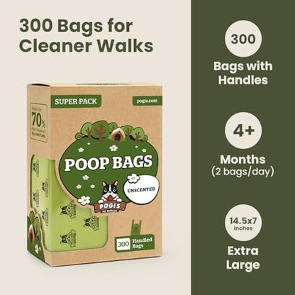Pogi's 300 Unscented Dog Poop Bags with Handles - Earth-Friendly, Leak-Proof, Ultra Thick, 4+ Month Supply (Pack of 2)