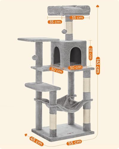 Feandrea Cat Tree, 54.2-Inch Cat Tower, Multi-Level Condo, Light Gray