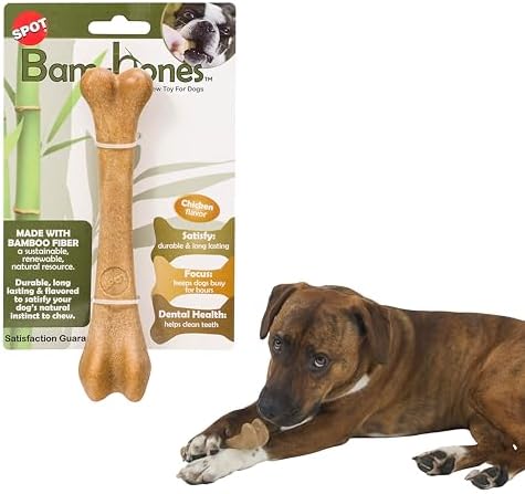 SPOT Bam-Bones Bone - Made with Strong Bamboo Fiber, Durable Long Lasting Dog Chew for Light to Moderate Chewers, Great Toy for Adult Dogs & Teething Puppies under 40lbs, 7.25in, Chicken Flavor