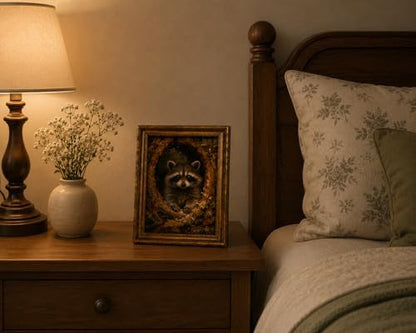 Framed VintageStyle Wall Art Rustic Forest Animal Cute Raccoon Canvas Print Poster Farmhouse style artwork suitable for bedroom or living room 8x10 inches designed for hanging or tabletop display