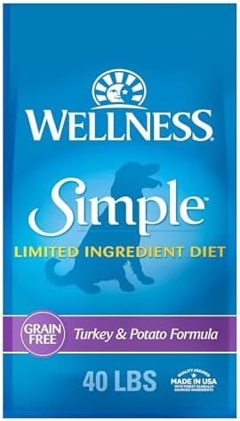 Wellness Simple Limited Ingredient Adult Dry Dog Food, Grain Free Kibble, Sensitive Stomach, Skin & Coat Support, Natural, Chicken Free, Turkey and Potato Recipe, 40 lb Bag