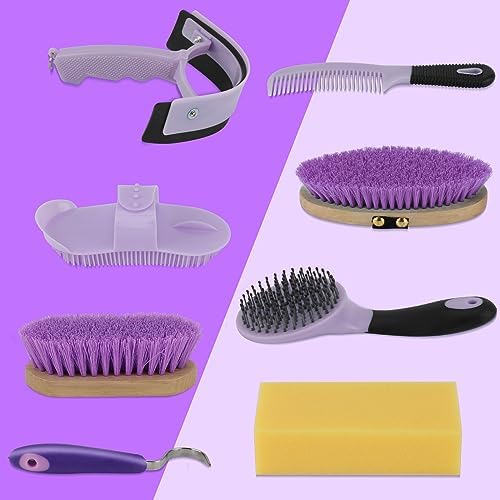 Horse Grooming Kit, 9-Piece Horse Brush Set with Tote Bag, Purple