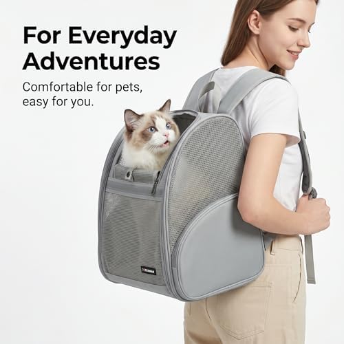 Cat Backpack Carrier for Small Dogs and Medium cat Puppy Kitten Bunny Pet Carrier Backpack Collapsible with Fully Ventilated Mesh with Safety Leash (Gray, 12.9" L x 10.62" W x 15.5" H - M)