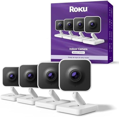 Roku Indoor Camera - Home Security - 4-Pack - Wired Security Camera & Pet Monitor with 1080p HD Color Night Vision, Compatible with Alexa & Google, Motion & Sound Detection, WDR & WiFi 6
