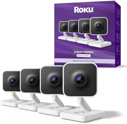 Roku Indoor Camera - Home Security - 4-Pack - Wired Security Camera & Pet Monitor with 1080p HD Color Night Vision, Compatible with Alexa & Google, Motion & Sound Detection, WDR & WiFi 6