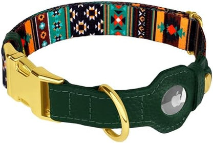 AirTag Dog Collar for Small Medium Large Breed - Adjustable Cute Pattern Dog Collar with Airtag Holder - Soft Leather Tracker GPS Apple Air Tag Pet Collars (Medium, 14"-18" Neck Fit, Tribal)