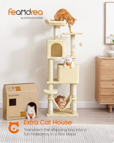 Feandrea Cat Tree, 59.5-Inch Tall Cat Tower, Multi-Level Condo, Beige