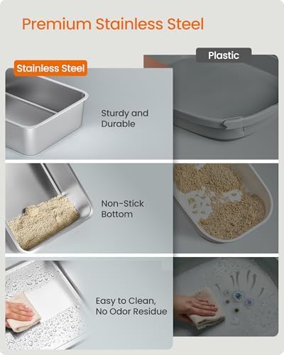 Feandrea Stainless Steel Cat Litter Box with Flip Lid, 2 Doors, Scoop