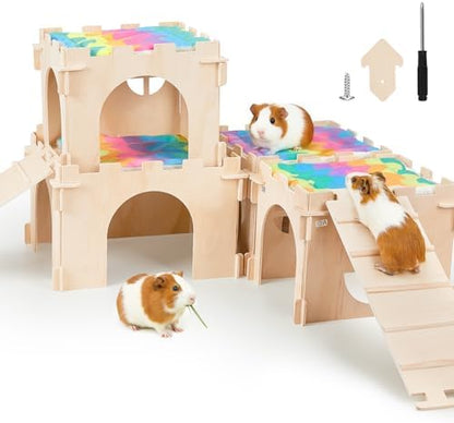 Unicorn Catcher 4 Pack Wooden Guinea Pig Hideout House with Stairs & Mats