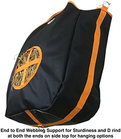 Majestic Ally Nylon Hay Feeder Tote Bag for Horse, Goat, Sheep - Double Sides Open Feed Hole with Faux Leather Ventilated Bottom- Premium Quality -Simulates Grazing - Reduces Waste (Black)