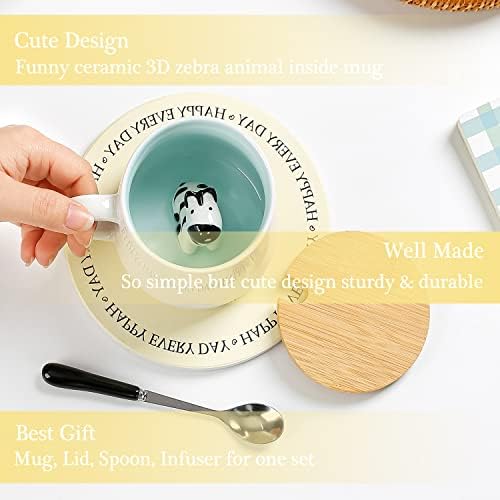 BigNoseDeer Zebra Mug Cute Mugs with 3D Zebra Inside Ceramic Coffee Mug Tea Cup with Spoon and Lid Cool Stuff Birthday Mother's Day Cute Gifts for Women Kids 12oz（Zebra）