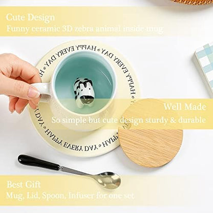 BigNoseDeer Zebra Mug Cute Mugs with 3D Zebra Inside Ceramic Coffee Mug Tea Cup with Spoon and Lid Cool Stuff Birthday Mother's Day Cute Gifts for Women Kids 12oz（Zebra）