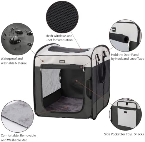 DONORO Dog Kennels and Crates for Medium Dogs, Portable Pop Up Indoor Pet Cage with Sturdy Wire Frame, Collapsible Travel Crate Soft Sided Cat Bag Escape Proof (Gray, 32.0" L x 21.0" W x 26.0" H)